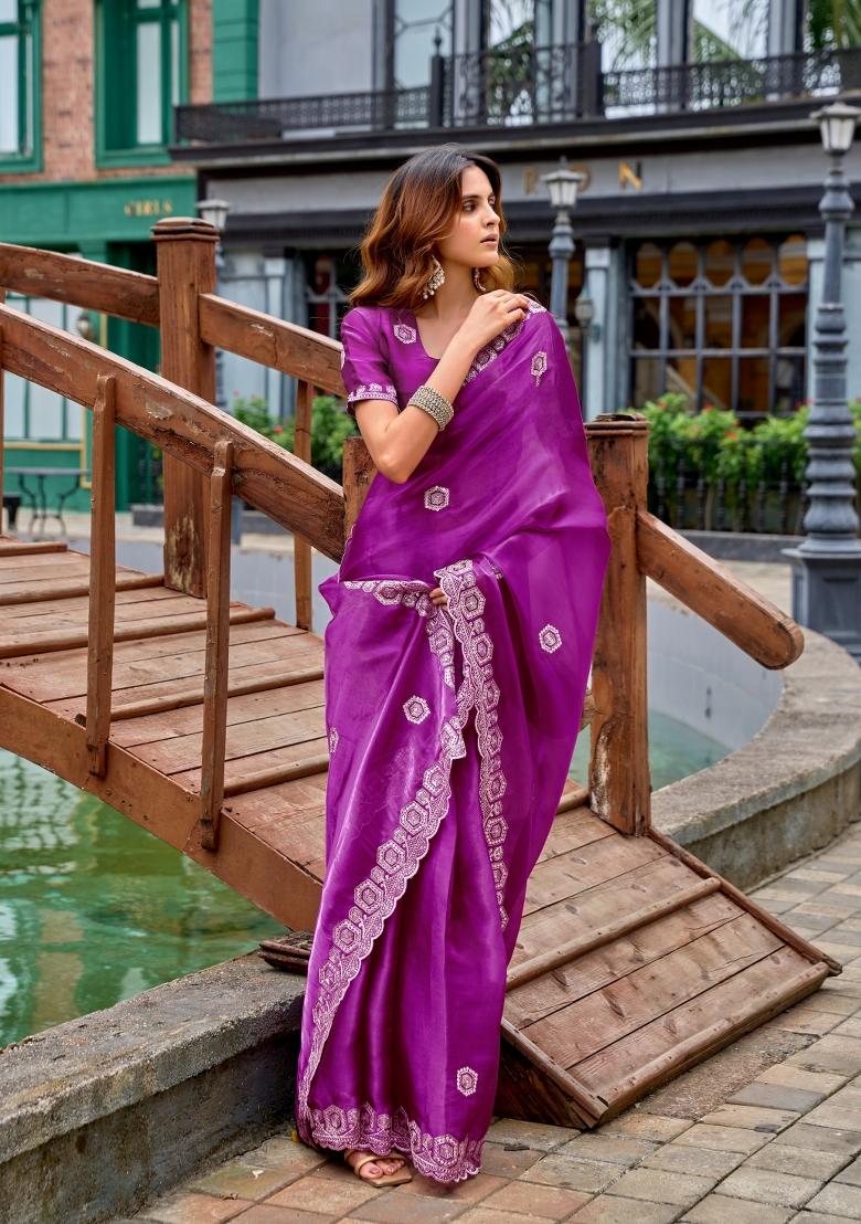 Purple Embroidered Chiffon Saree Set - Indya