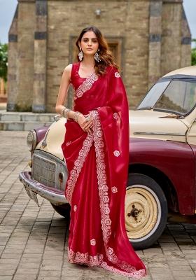 Red Embroidered Chiffon Saree Set