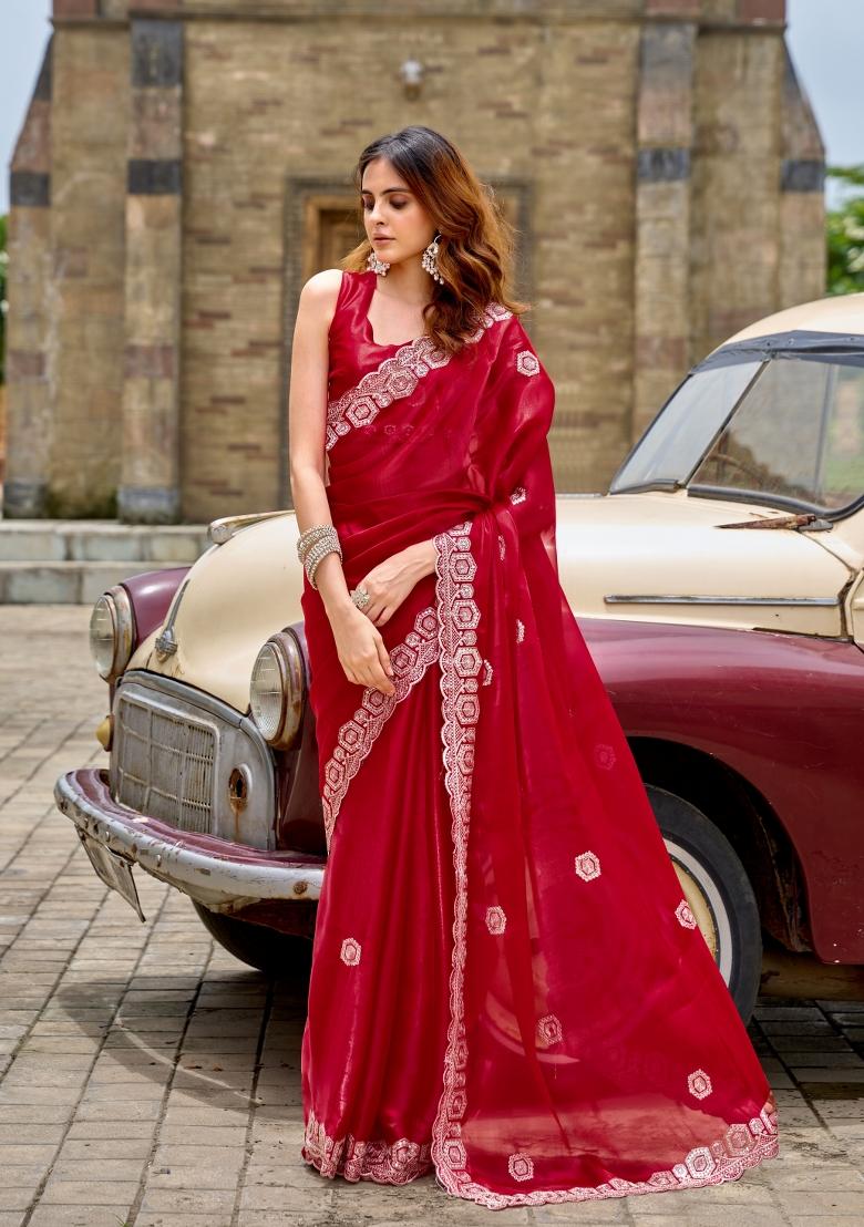 Red Embroidered Chiffon Saree Set - Indya