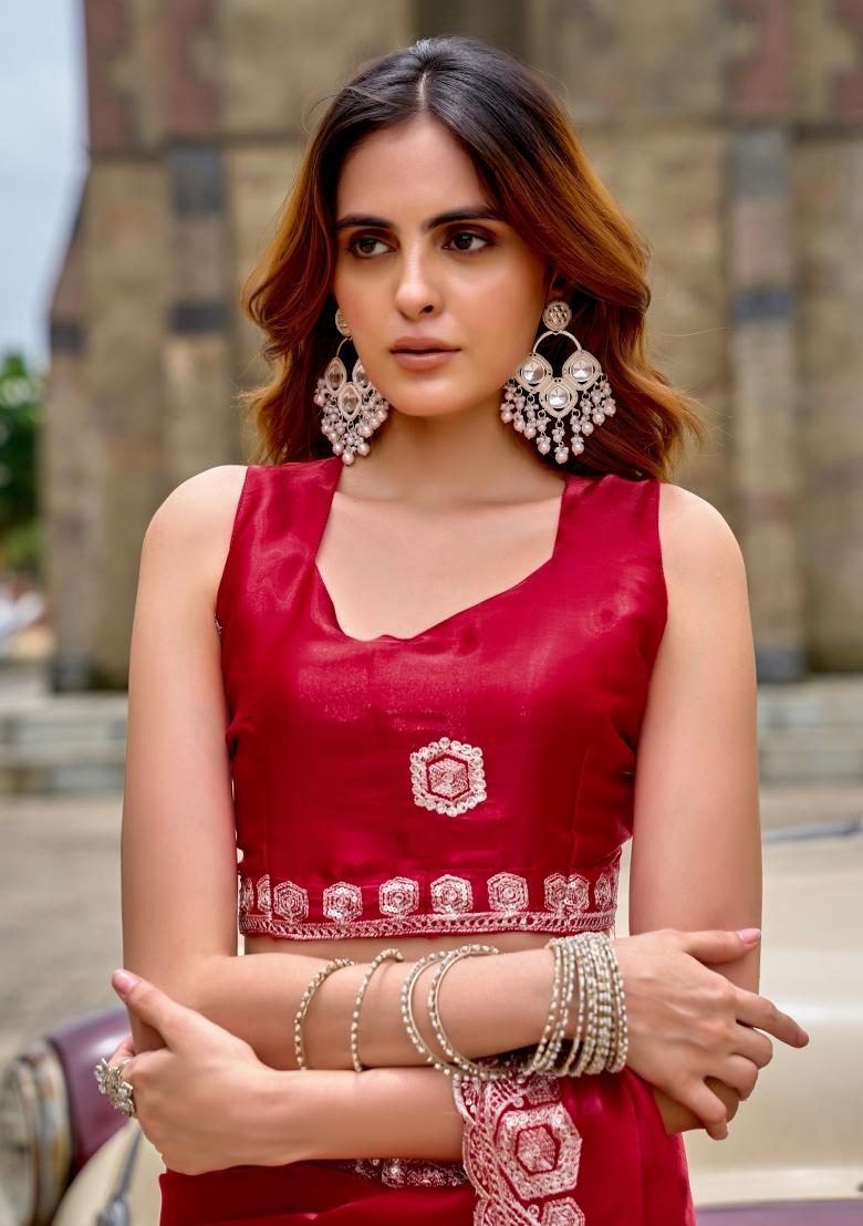 Red Embroidered Chiffon Saree Set - Indya