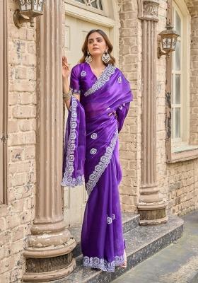 Plum Embroidered Chiffon Saree Set