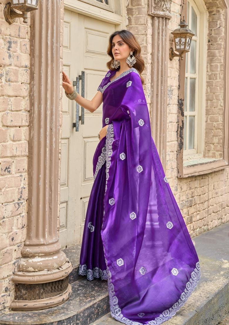 Plum Embroidered Chiffon Saree Set - Indya
