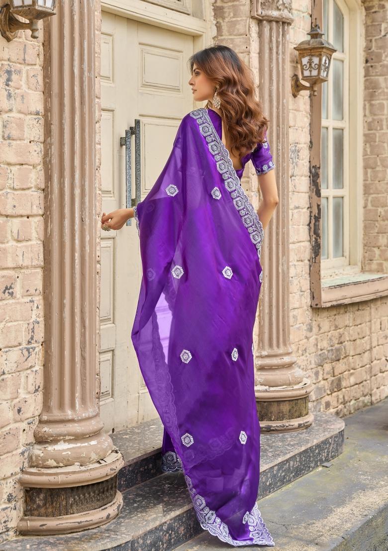 Plum Embroidered Chiffon Saree Set - Indya