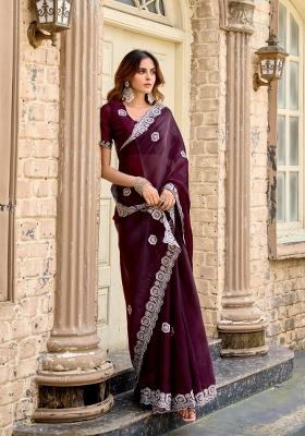 Wine Embroidered Chiffon Saree Set