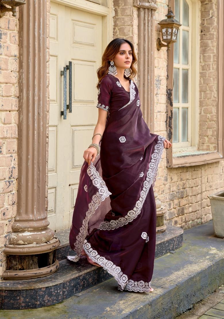 Wine Embroidered Chiffon Saree Set - Indya