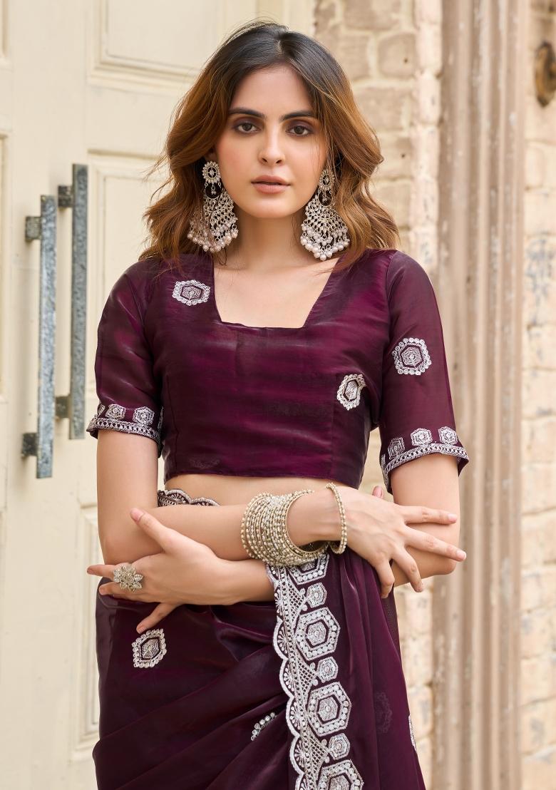 Wine Embroidered Chiffon Saree Set - Indya
