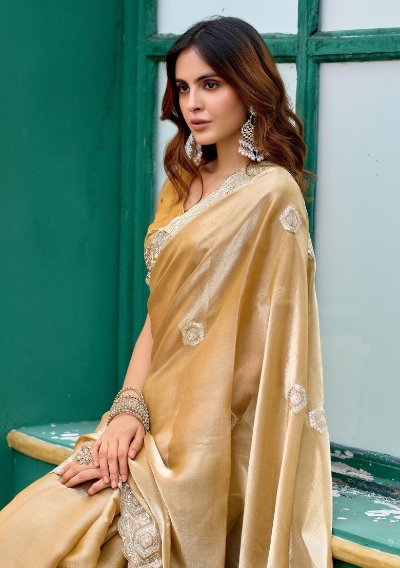 Gold Embroidered Chiffon Saree Set - Indya
