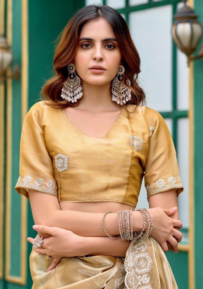 Gold Embroidered Chiffon Saree Set - Indya