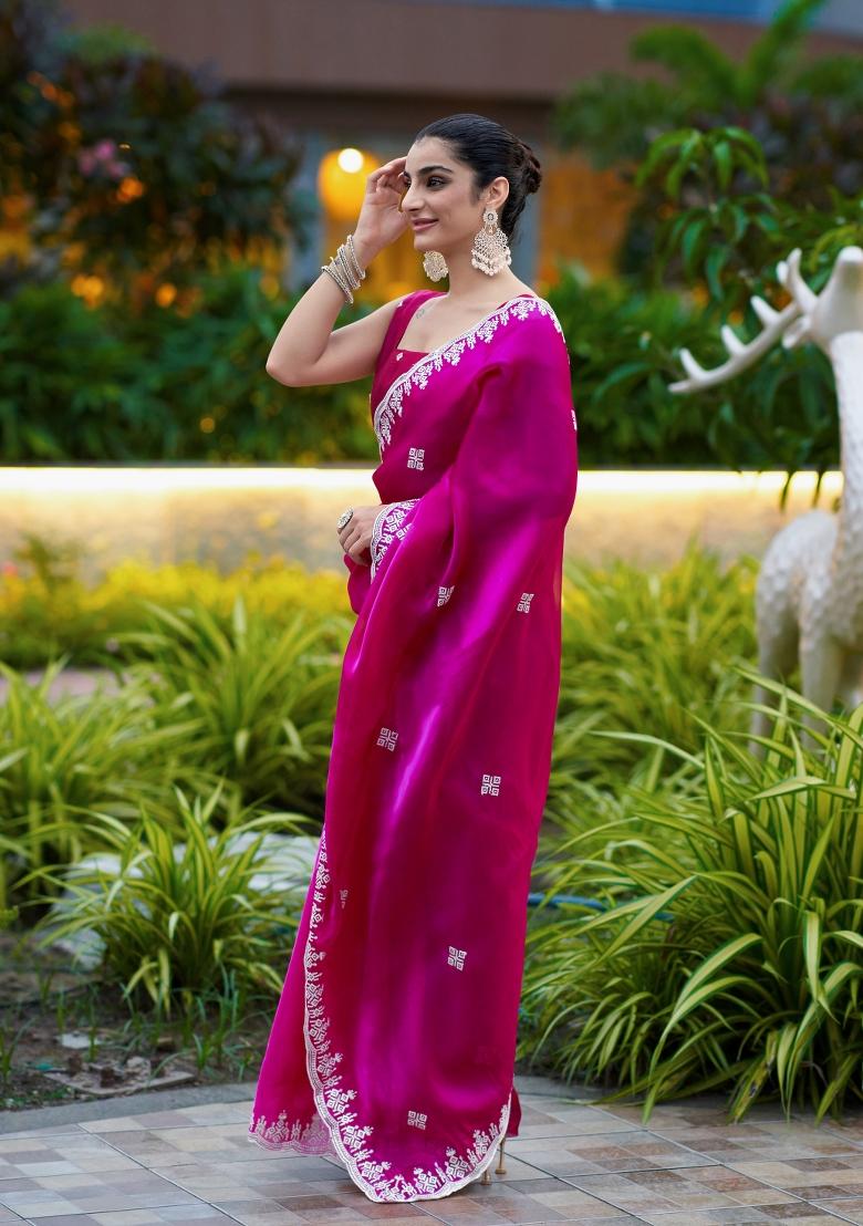 Rani Pink Embroidered Chiffon Saree Set - Indya