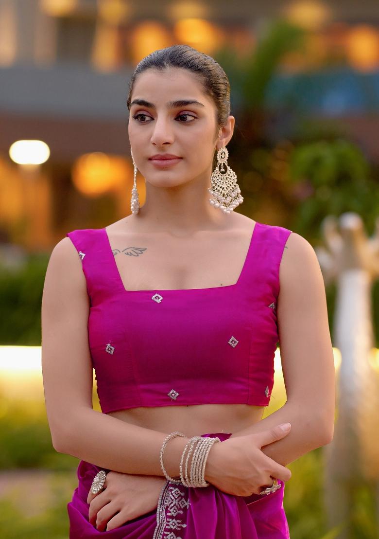 Rani Pink Embroidered Chiffon Saree Set - Indya