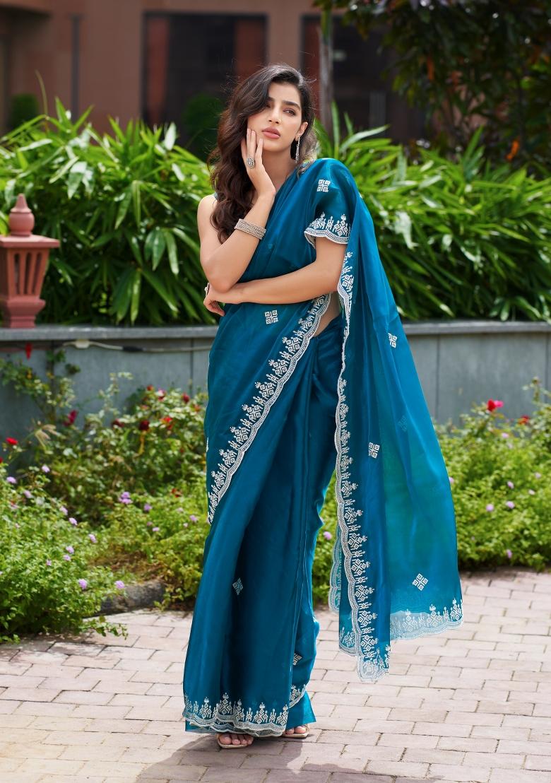 Turquoise Embroidered Chiffon Saree Set - Indya