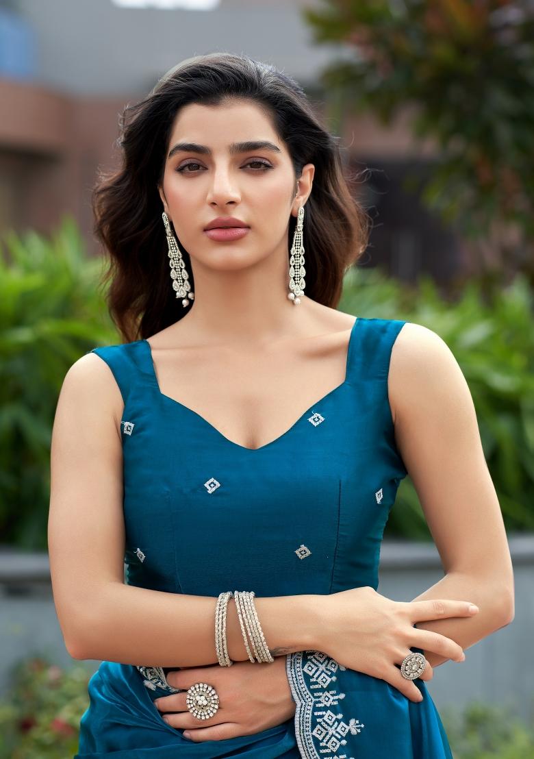 Turquoise Embroidered Chiffon Saree Set - Indya