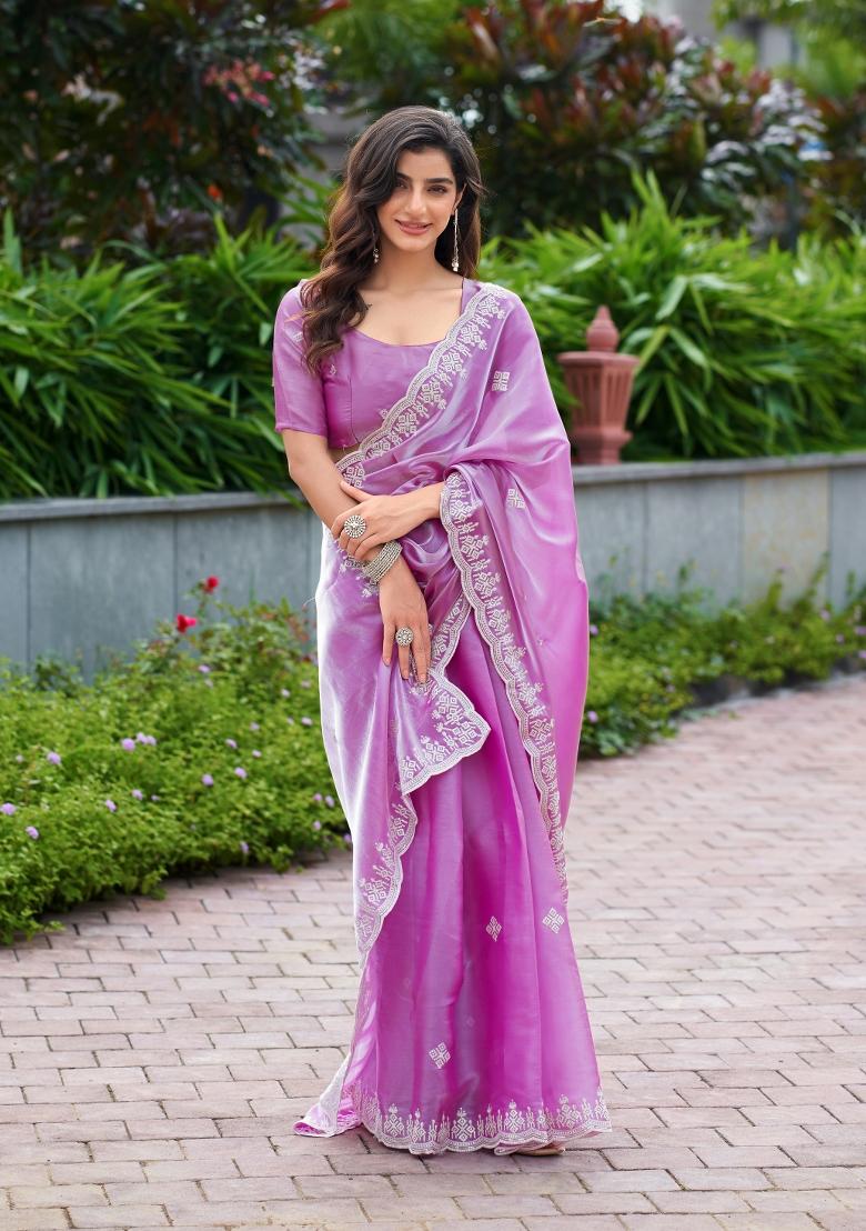 Lavender Embroidered Chiffon Saree Set - Indya
