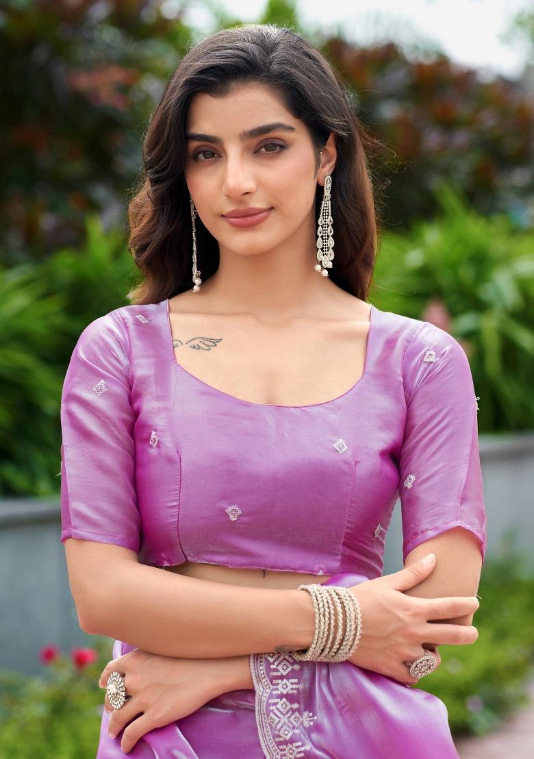 Lavender Embroidered Chiffon Saree Set - Indya