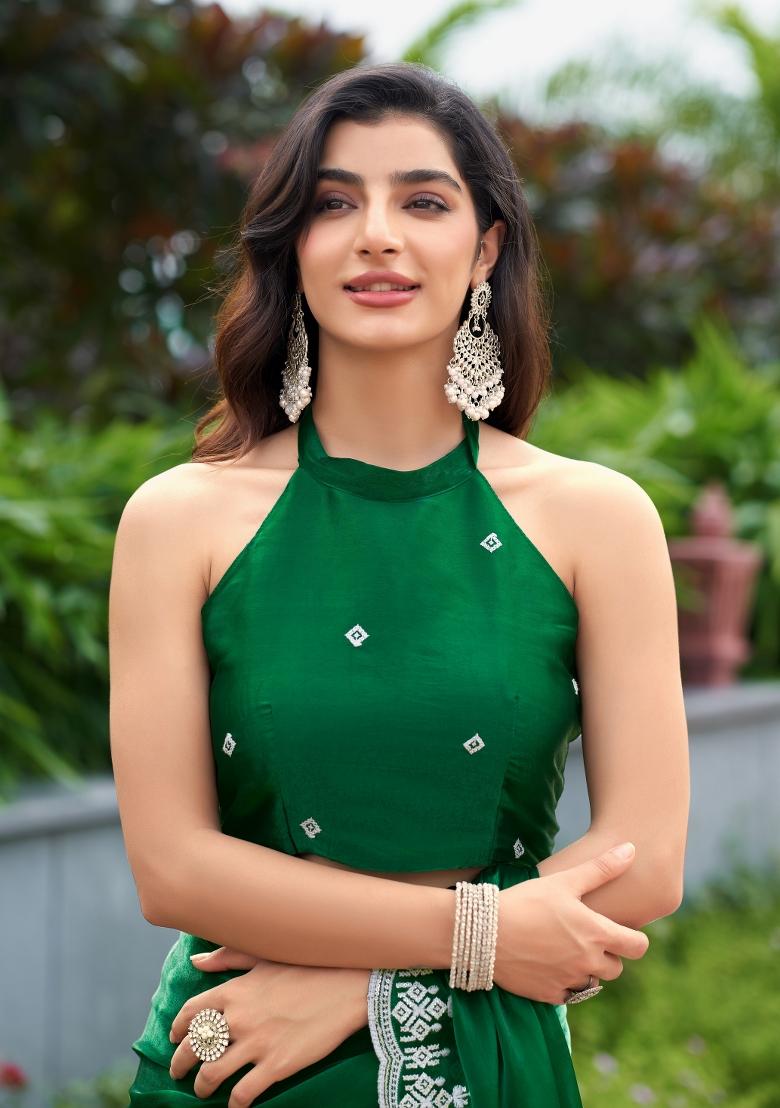 Green Embroidered Chiffon Saree Set - Indya