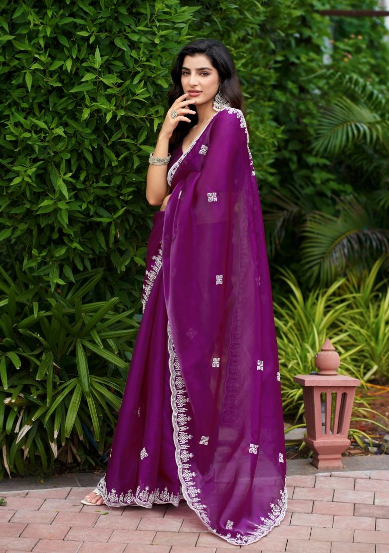 Purple Embroidered Chiffon Saree Set - Indya