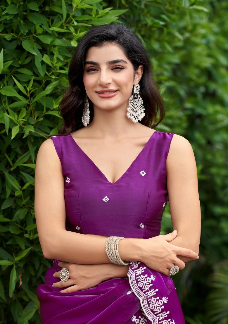 Purple Embroidered Chiffon Saree Set - Indya