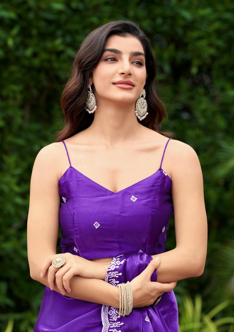 Plum Embroidered Chiffon Saree Set - Indya
