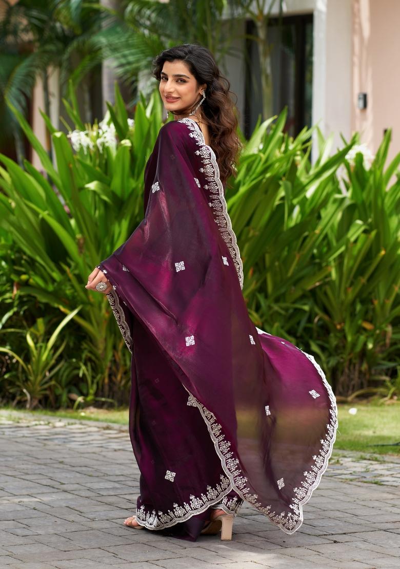 Wine Embroidered Chiffon Saree Set - Indya