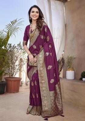 Wine Woven Design Silk Blend Saree Set