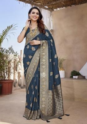 Turquoise Woven Design Silk Blend Saree Set