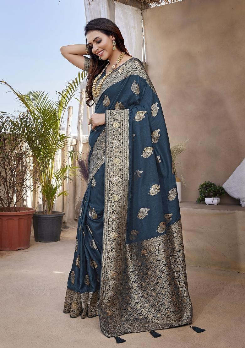 Turquoise Woven Design Silk Blend Saree Set - Indya