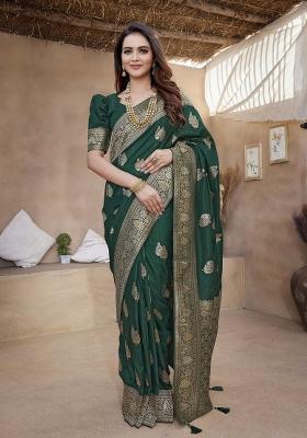Green Woven Design Silk Blend Saree Set