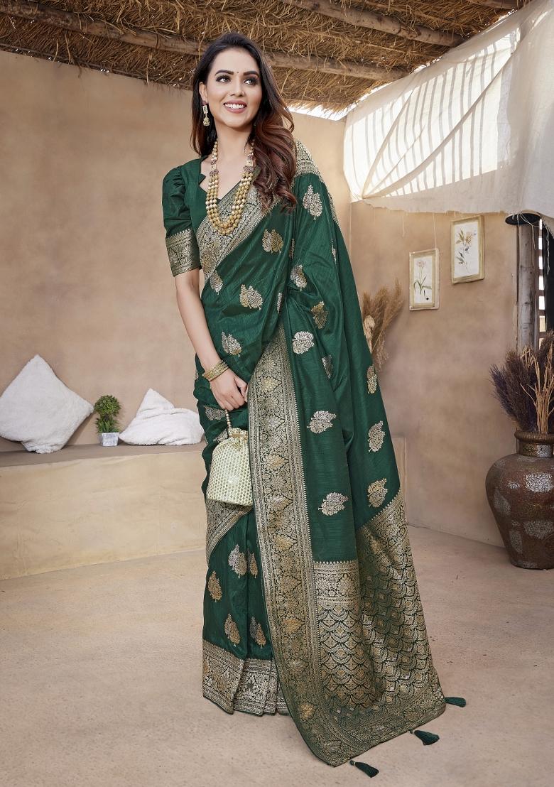 Green Woven Design Silk Blend Saree Set - Indya
