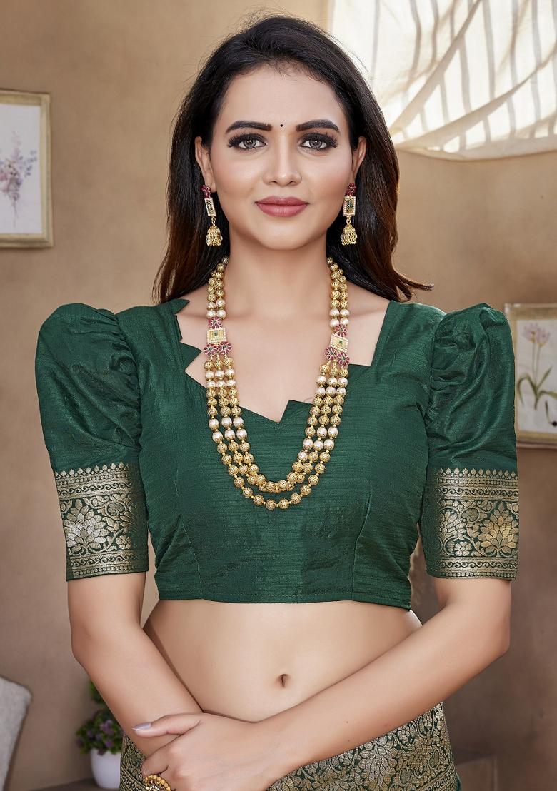 Green Woven Design Silk Blend Saree Set - Indya
