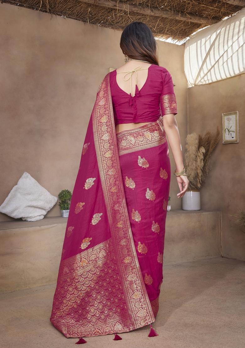 Rani Pink Woven Design Silk Blend Saree Set - Indya