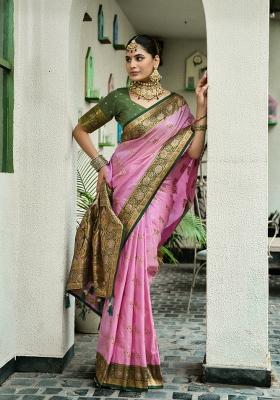 Baby Pink Woven Design Silk Blend Saree Set