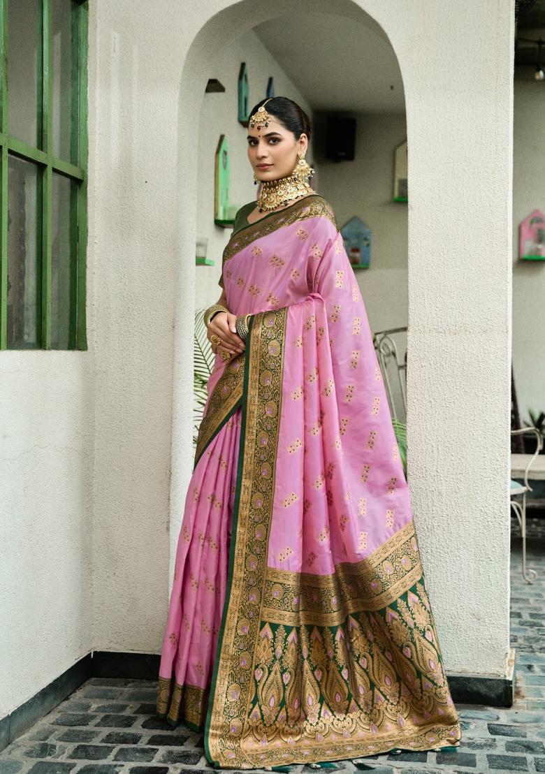 Baby Pink Woven Design Silk Blend Saree Set - Indya