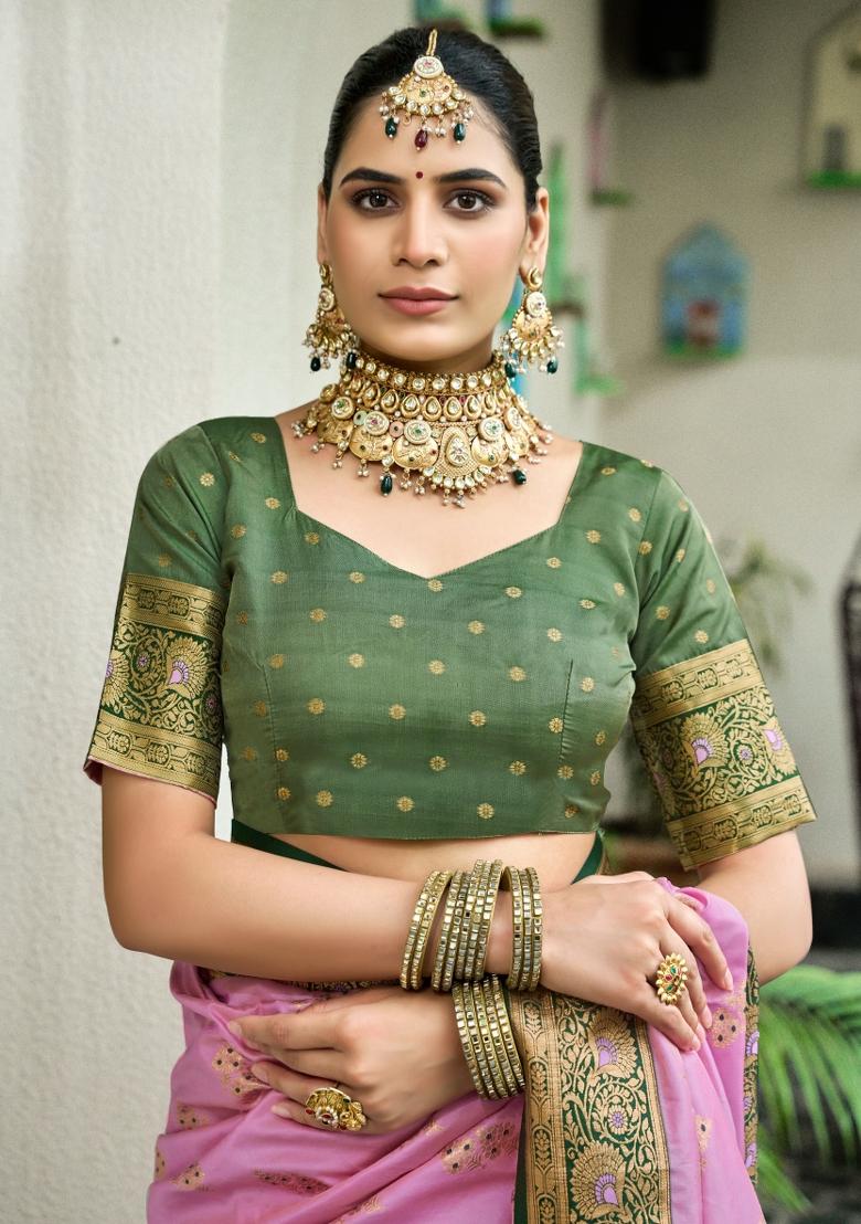 Baby Pink Woven Design Silk Blend Saree Set - Indya