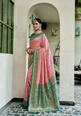 Pink Woven Design Silk Blend Saree Set