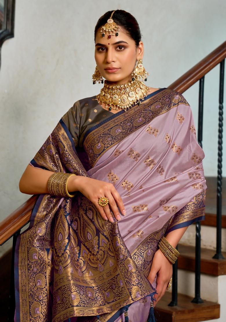 Light Lavender Woven Design Silk Blend Saree Set - Indya