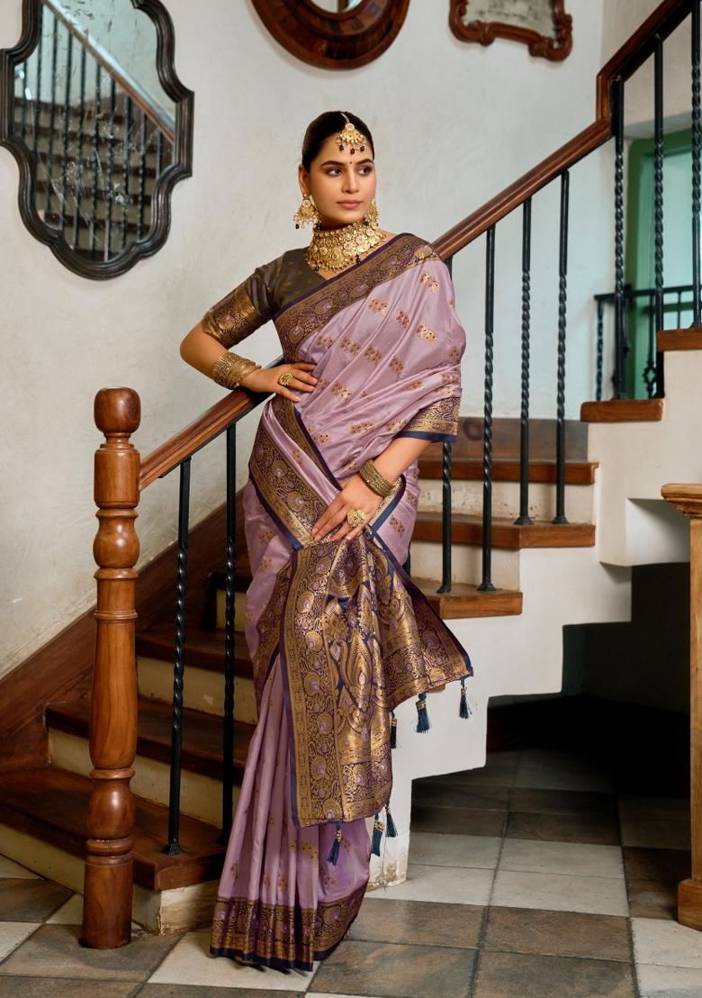 Light Lavender Woven Design Silk Blend Saree Set - Indya