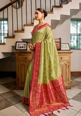Light Green Woven Design Silk Blend Saree Set