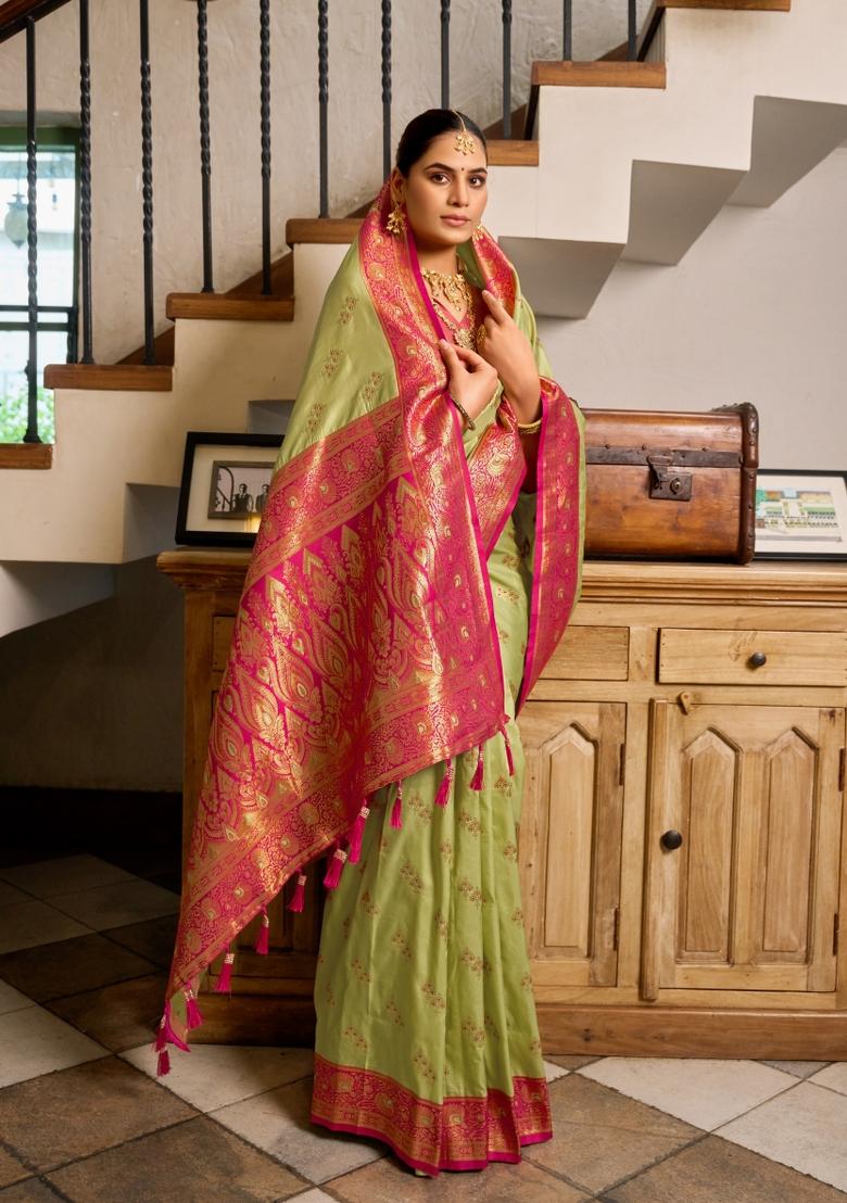 Light Green Woven Design Silk Blend Saree Set - Indya