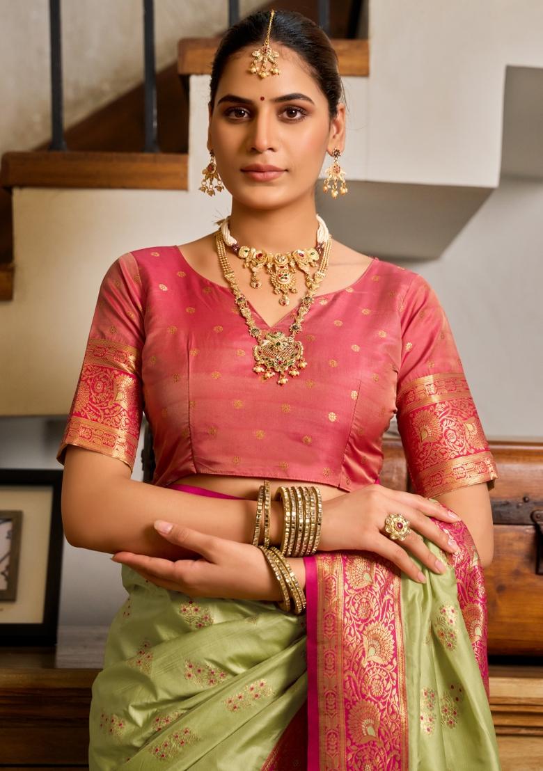 Light Green Woven Design Silk Blend Saree Set - Indya