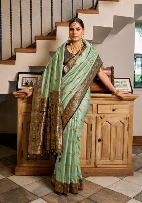 Sea Green Woven Design Silk Blend Saree Set