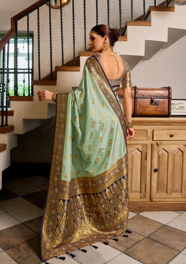 Sea Green Woven Design Silk Blend Saree Set - Indya