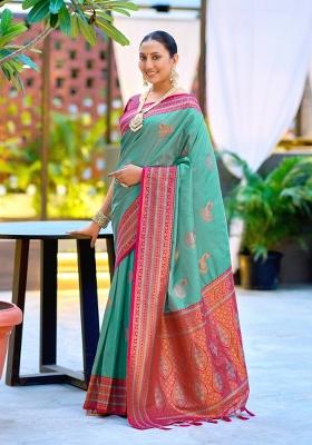 Teal Woven Design Silk Blend Saree Set