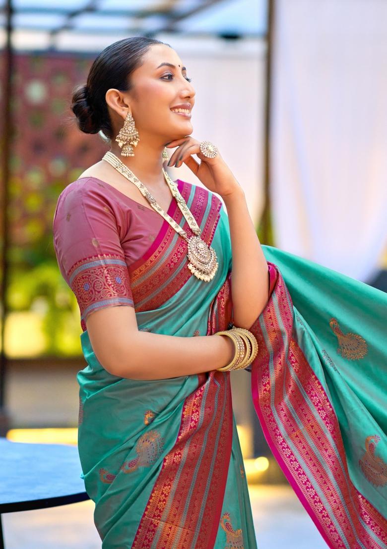 Teal Woven Design Silk Blend Saree Set - Indya