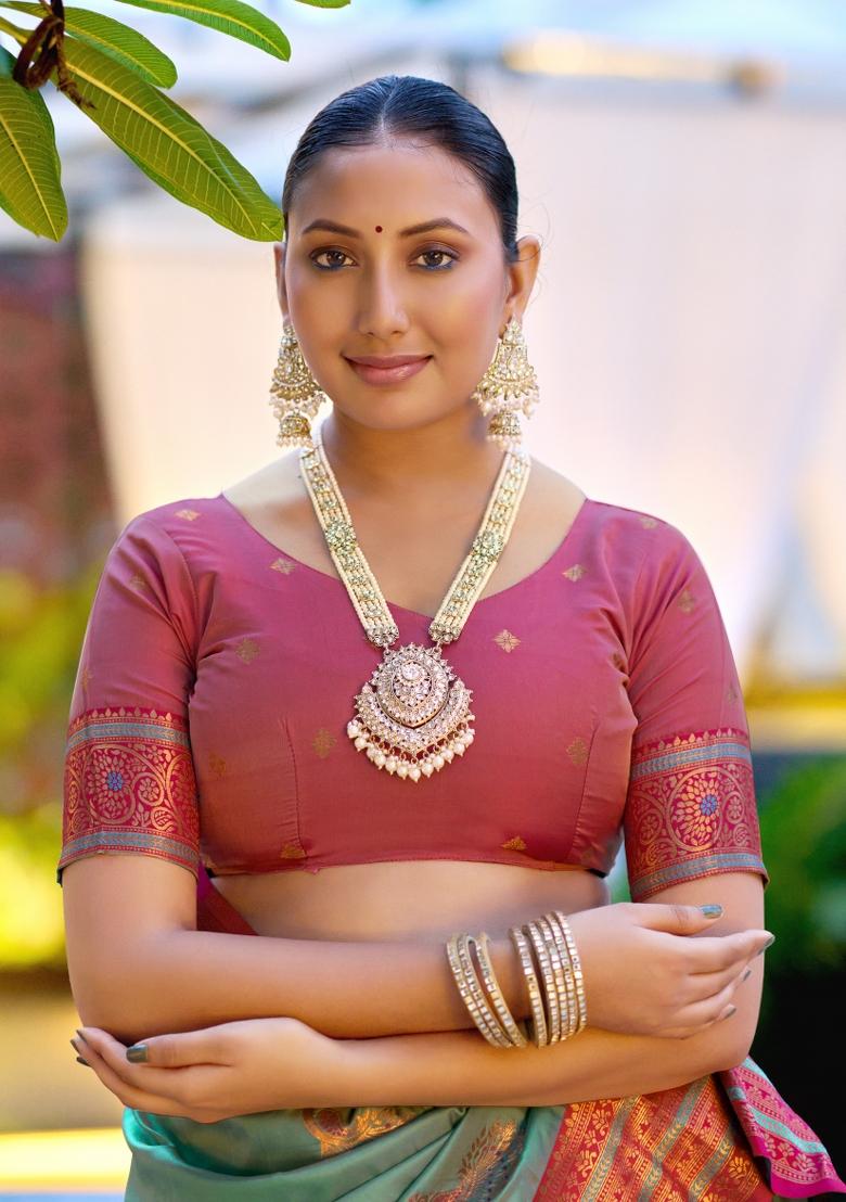 Teal Woven Design Silk Blend Saree Set - Indya