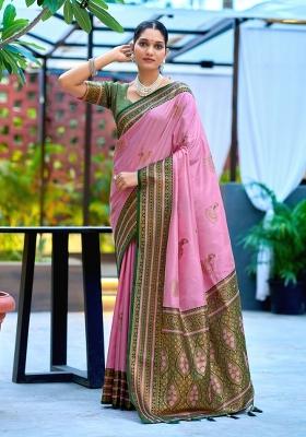 Pink Woven Design Silk Blend Saree Set