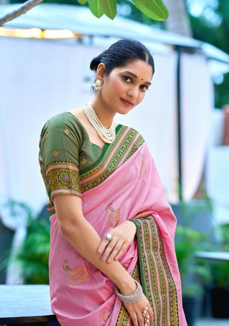 Pink Woven Design Silk Blend Saree Set - Indya