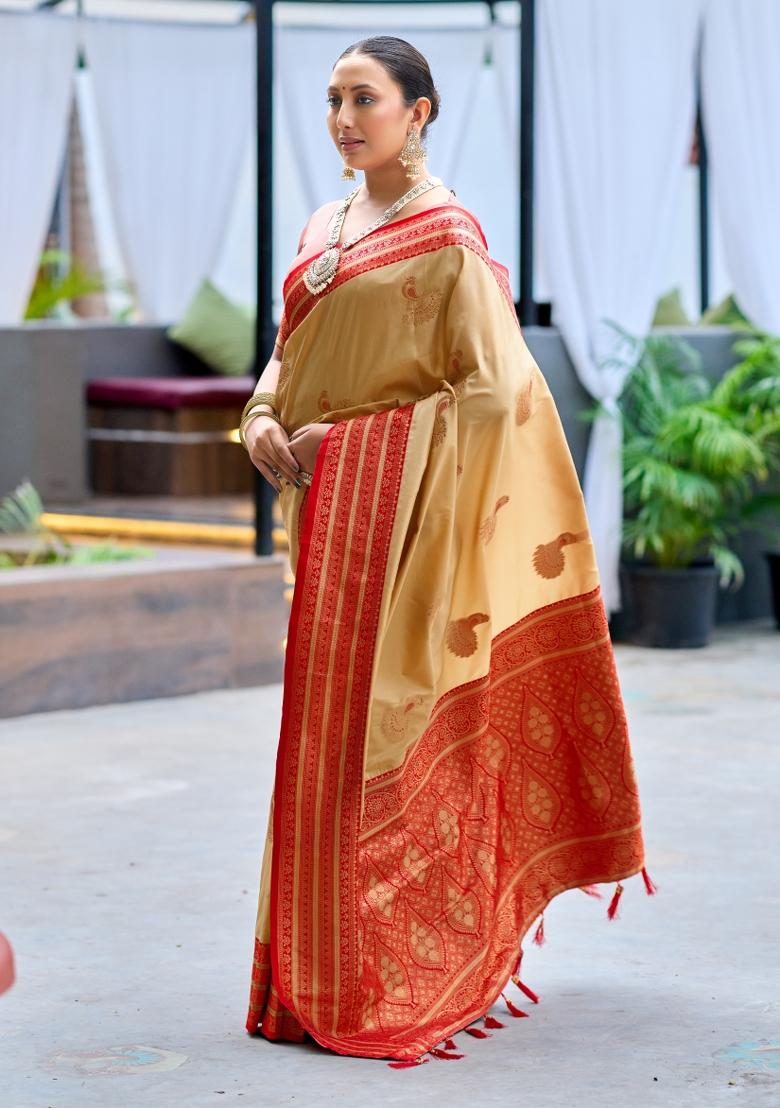 Cream Woven Design Silk Blend Saree Set - Indya