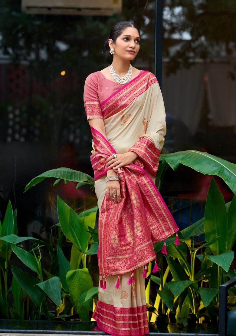 Off White Woven Design Silk Blend Saree Set - Indya