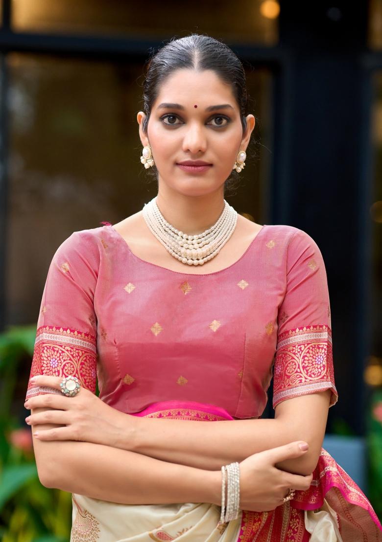 Off White Woven Design Silk Blend Saree Set - Indya