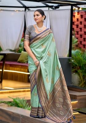 Light Green Woven Design Silk Blend Saree Set